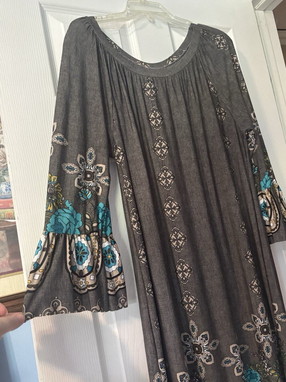 Boho Dress XL Bell Sleeve Rodeo Western Retro Shift Elastic Neck / Off-Shoulders